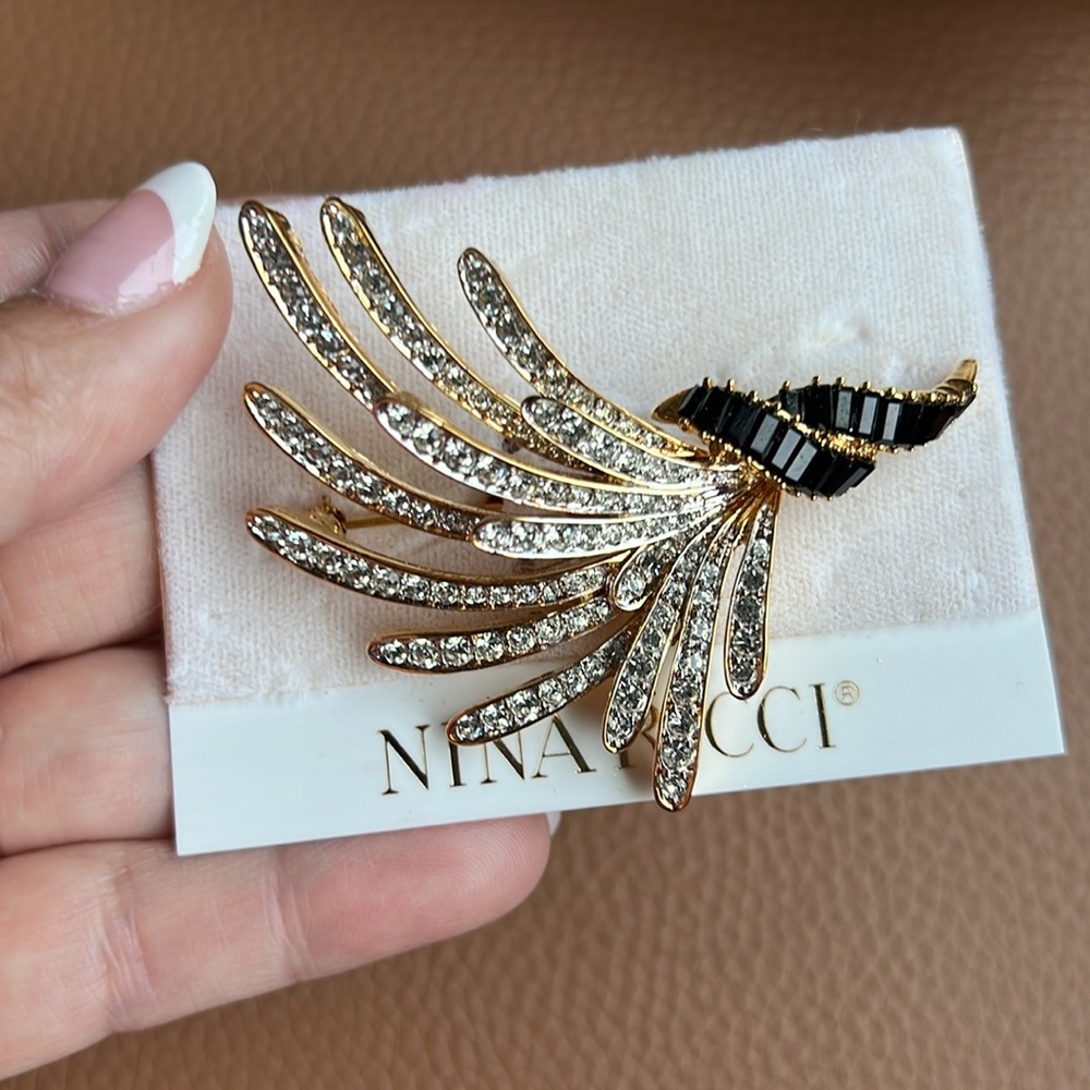 Nina Ricci Gold Tone Clear Crystal and Black Baguette Fan Brooch